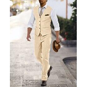 Men's Linen Suits Beach Wedding Wedding pea green White Summer Suit V Neck Solid Colored Tailored Fit 2 Piece