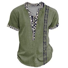 Men's Tribal Bandana Print T Shirt Henley Shirt Short Sleeve 3D Print Designer Ethnic Vacation Casual Daily Summer Spring Heather Gray Green Khaki Henley Henle