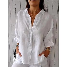 Shirt Cotton Linen Shirts Button Up Blouse Women's Black White Pink Plain Buttons Daily Street Fashion Shirt Collar Regular Fit S