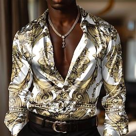 Men's Baroque Dress Shirt Button Up Shirt Long Sleeve Fashion Casual Daily Evening Party Summer Spring Fall Turndown Collared Shirts Buttons Print Yellow