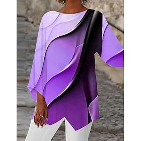 Women's Blouse Long Sleeve Asymmetrical Hem Tunic Top Chiffon Stylish Neon  Bright Ombre Print Asymmetric Hem Long Tops Round Neck Casual Daily Pink Purple Ora