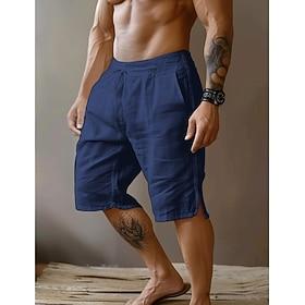 Men's Shorts Linen Shorts Summer Shorts Split Front Pocket Straight Leg Plain Comfort Breathable Knee Length Party Outdoor Casual Fashion Basic Black White