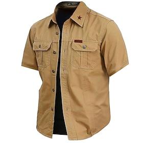 Men's Star Work Shirt Western Shirt Cargo Shirt Short Sleeve Casual Tactical Sports  Outdoor Going out Summer Spring Turndown Print Army Green Khaki Dark Blue