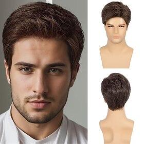Brown Wigs for Men Short Layered Cosplay Costume Party Natural Hair for Male Guy Synthesis Full Wig (Brown)