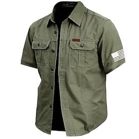 Men's Solid Color Work Shirt Western Shirt Cargo Shirt Short Sleeve Casual Tactical Vacation Daily Going out Summer Turndown Lapel Pocket Army Green off-white