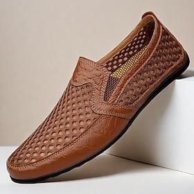 Men's Breathable Mesh and Leather Loafers - Casual Slip-On Driving Shoes for Summer