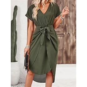 Women's Casual Dress Midi Dress Lace up Ruched Work Date Streetwear Basic V Neck Short Sleeve Brown Green Army Green Color
