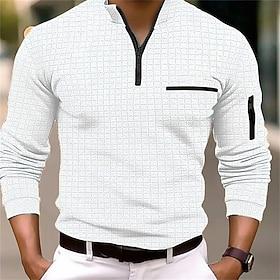 Voor heren Wafel poloshirt Polo met kwartrits Dagelijks Feestdagen Kwart ritssluiting Lange mouw Modieus Modern Effen Zak Lente  Herfst Normale pasvorm Zwart W