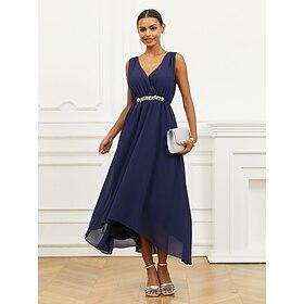 Women's Wedding Guest Cocktail Dress A Line Maxi  Chiffon Ruched Tiered Elegant V Neck Sleeveless dress Navy Blue Color