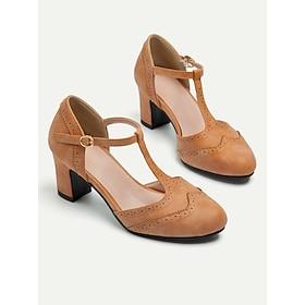 Women's Elegant Vintage T-Strap Chunky Heel Pumps - Brown Brogue Leather Heels for Oktoberfest, Retro and Formal Wear