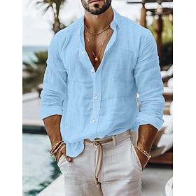 Men's Shirt Linen Shirt Summer Shirt Beach Wear Button Up Shirt Plain Casual Daily Blue Black White Pink Long Sleeve Collar Spring  Summer Clothing Apparel