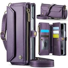 Phone Case For Samsung Galaxy Z Fold 5 Z Fold 4 Z Fold 3 Wallet Case Zipper with Lanyard with Wrist Strap Retro