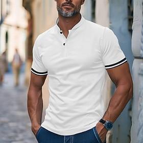 Men's Polo Shirts Collarless Golf Shirts Casual Holiday Stand Collar Banded Collar Short Sleeve Fashion Basic Plain Buttons Summer Regular Fit Retro Red Polo S