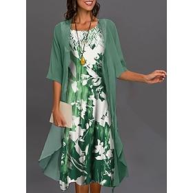 Women's Graduation Dress Midi Dress Two Piece Dress Set Dress Green Blue Gray Half Sleeve Floral Print Summer Spring U Neck Casual