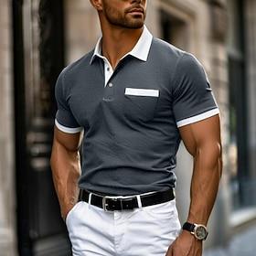 Men's Polo Shirts Golf Shirt Casual Holiday Ribbed Polo Collar Short Sleeve Fashion Basic Plain Pocket Classic Summer Regular Fit Navy Black White Drak Red Gre