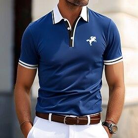 Men's Cotton Polo Shirt Golf Shirt Business Casual Ribbed Polo Collar Short Sleeve Fashion Basic Solid Color Color Block Buttons Summer Spring   Fall Regular F