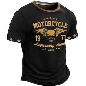 Men's Skull Motorcycle T Shirt Short Sleeve T shirt 3D Print Crew Neck Shirt Retro Vintage Western Style Street Casual Bar Black Red Blue Spring Summer Clothi