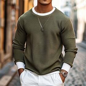 Men's Waffle T-shirt Pullover Sweatshirt Tee Top Long Sleeve Shirt Long Sleeve Crew Neck Spring Fall Plain Fashion Designer Basic Fashion Fake two piece Vaca