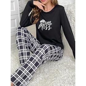 Women's Pajamas Sets Grid / Plaid Letter Fashion Comfort Home Daily Bed Breathable Crew Neck Long Sleeve T shirt Tee Pant Elastic Waist Fall Winter Home Outfit