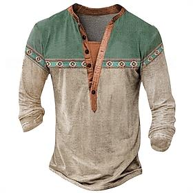 Men's Tribal T Shirt Henley Shirt Long Sleeve 3D Print Designer Retro Vintage Street Casual Daily Summer Spring Fall Lake Blue Navy Blue Brown Green Gray Henle