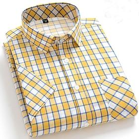 Men's Dress Shirt Stripes and Plaid Office  Career Office Party Light Blue Black Dark Red Yellow Short Sleeve Turndown Spring  Summer Clothing Apparel