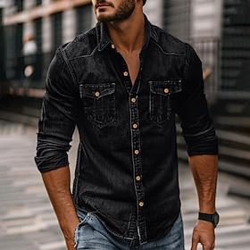 Men's Shirt Chambray Shirt Calico Shirt Button Up Shirt Casual Shirt Denim Shirt Denim Blue Black Dark Navy Blue Long Sleeve Plain Collar Daily Vacation Clothi