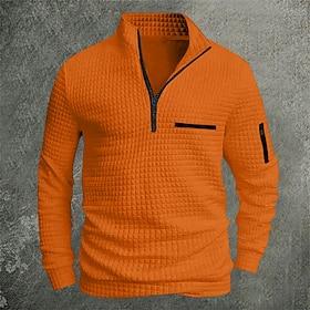 Men's Waffle Polo Shirts Pullover Sports  Outdoor Daily Wear Quarter Zip Long Sleeve Fashion Comfortable Color Block Zip Up Pocket Spring   Fall Regular Fit Bl