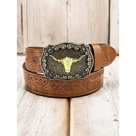 Men's Western Leather Belt with Gold Longhorn Buckle - Vintage Engraved Cowboy Belt for Casual and Rodeo Style