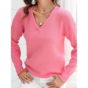 Women's Sweater V Neck Crochet Knit Braided Spring Fall Work Stylish Long Sleeve Solid Color Black Pink