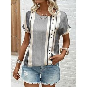 Women's T-Shirt Linen Like Breathable Lightweight Chic Striped Pattern with Button Embellishments V-neck Short Sleeve Summer Spring Casual Daily Wear Versatil