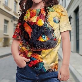 Girls' 3D Graphic Cat T shirt Tee Short Sleeve Summer Spring Fashion Basic Kids 4-12 Years Crew Neck Outdoor Casual Daily Regular Fit