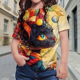 Girls' 3D Graphic Cat T shirt Tee Short Sleeve Summer Spring Fashion Basic Kids 4-12 Years Crew Neck Outdoor Casual Daily Regular Fit