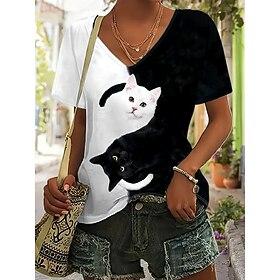 Women's T Shirt Basic Casual Color Block Cat Print Short Sleeve Regular Tops V Neck Daily Black and White Blue Orange Summer
