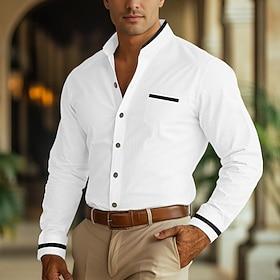 Men's Shirt Band Collar Shirt Dress Shirt Oxford Shirt Button Up Shirt Patchwork Wedding Vacation Light Blue White Navy Blue Gray Long Sleeve Standing Collar S