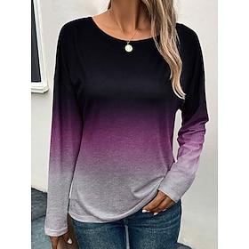 Women's T shirt Crew Neck Long Sleeve Tunic Color Gradient Casual Round Neck Regular Tops Daily Weekend Print Red Blue Purple Gray Spring Fall