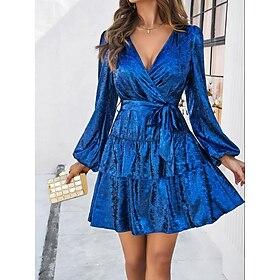Women's Layered Bow Waist Dress Mini Dress Puff Sleeve Elegant Classic Plain V Neck Long Sleeve Wedding Guest Cocktail Party Spring Fall Black Blue