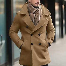Men's Winter Coat Peacoat Trench Coat Outdoor Daily Wear Fall Winter Polyester Thermal Warm Outerwear Clothing Apparel Fashion Streetwear Plain Pocket Lapel D