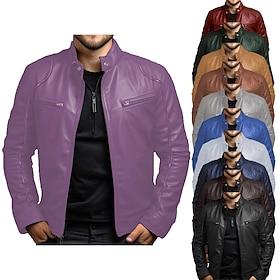 Men's Faux Leather Jacket Transition Jacket Biker Jacket Red Leather Jacket Vacation Daily Windproof Warm Pocket Fall Winter Plain Fashion Classic Stand Colla