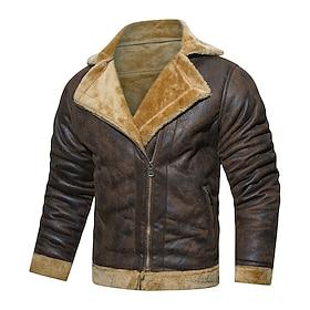 Men's Faux Leather Jacket Fleece Jacket Biker Jacket Vintage Leather Jacket Daily Vacation Windproof Warm Pocket Fall Winter Plain Fashion Classic Lapel Regul