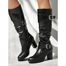 Women's Black Knee-High Chunky Heel Boots with Buckle Straps - Stylish Faux Leather Slouch Boots for Fall and Winter Casual Wear