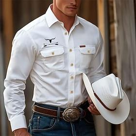 Men's Cow Work Shirt Western Shirt Cargo Shirt Long Sleeve Casual Tactical Sports  Outdoor Going out Winter Spring   Fall Turndown Print Black White Khaki