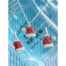 Women's Festive Santa Hat Necklace and Earrings with Red and White Rhinestones – Christmas-Themed Alloy Jewelry