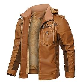 Men's Faux Leather Jacket Biker Jacket Motorcycle Jacket Daily Vacation Fleece Lining Windproof Pocket Convertible Fall Winter Color Block Fashion Classic Hoo