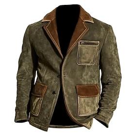 Men's Faux Leather Jacket Faux Suede Jacket Blazer Formal Office Windbreaker Pocket Winter Spring   Fall Color Block Vintage Fashion Shirt Collar Regular Green