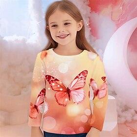 Girls' 3D Graphic Animal Butterfly T shirt Tee Long Sleeve Spring Fall Fashion Basic Kids 4-12 Years Crew Neck Outdoor Casual Daily Regular Fit
