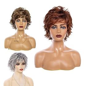 Brown Short Wigs for White Women, Brown Wig with Bangs Short Curly Pixie Cut Wigs Charming Synthetic Layered Wavy Wigs For Old Lady