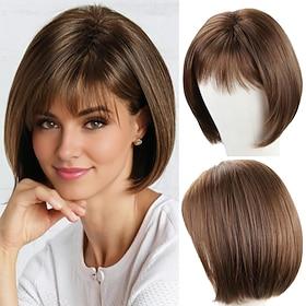 Short Brown Bob Wigs for Women Brown Mixed Blonde Synthetic Wig with Bangs Natural Looking Daily Party Wig