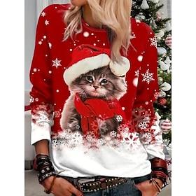 dames sweatshirt schattige kitten kerstmuts lange mouw winter casual feestelijk rood grafisch ronde hals top gezellig comfortabel