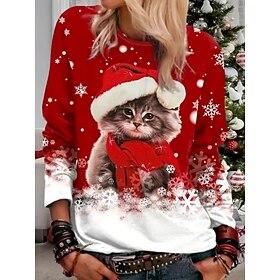dames sweatshirt schattige kitten kerstmuts lange mouw winter casual feestelijk rood grafisch ronde hals top gezellig comfortabel
