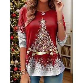 dames kerst tuniek 3/4 mouw kerstboom print casual rekbaar rood wit sneeuwvlok ronde hals feestelijk winterkleding